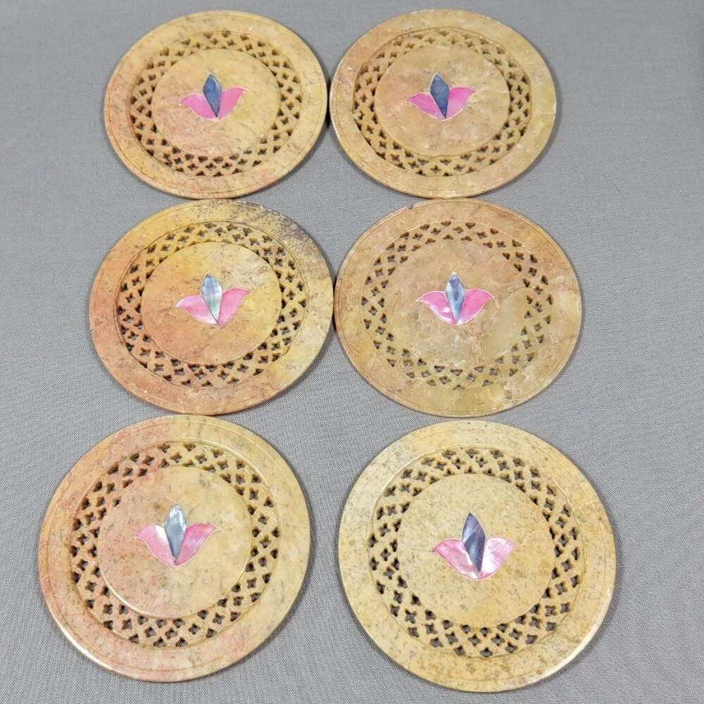 Vtg Stone Marble Coasters Hand Carved Jali Cut Flower Inlay Decorative Lot of 6